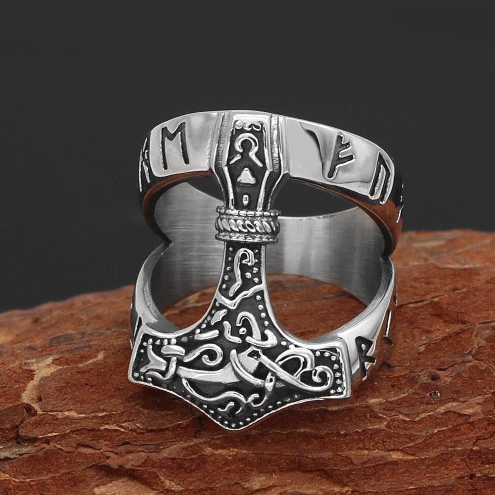 Men’s Vintage Viking Thor’s Hammer Ring – Nordic Odin Rune Stainless Steel Ring