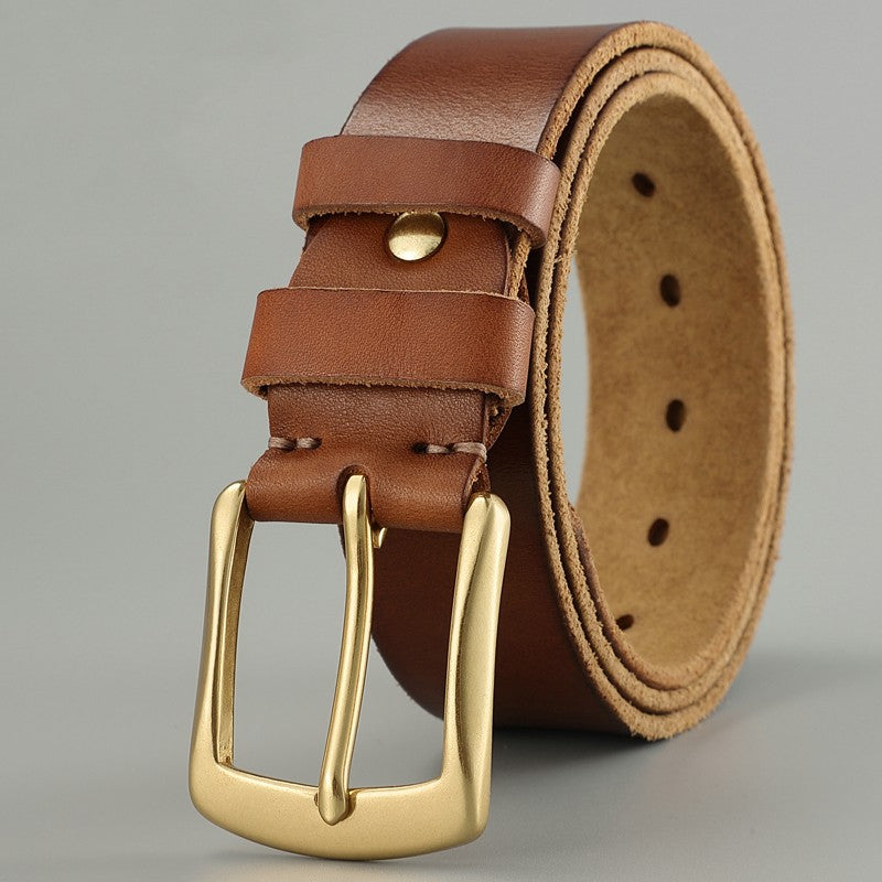 Men’s Genuine Cowhide Leather Belt – Solid Copper Smooth Plate Buckle