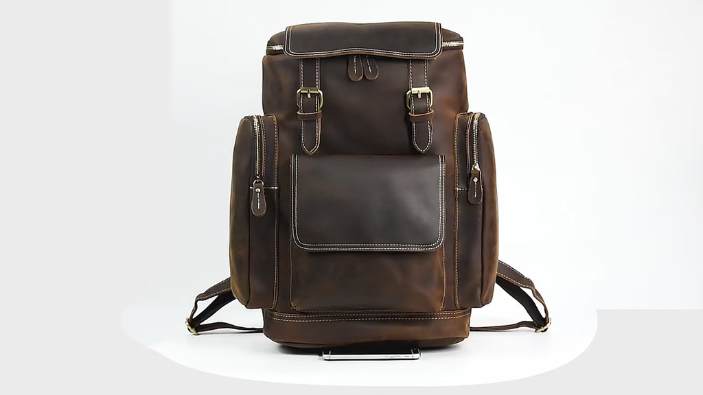 Men’s Crazy Horse Leather Backpack – First-Layer Cowhide Vintage Travel Rucksack