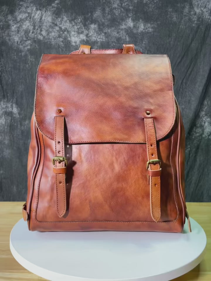 Men’s Vegetable Tanned Cow Leather Backpack – Large Capacity Vintage Laptop Travel Bag
