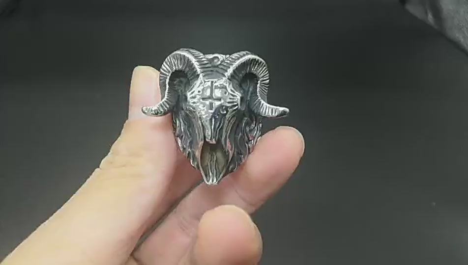 Men’s Gothic Lucifer Sheep Head Ring – Vintage Skull Cross Stainless Steel Punk Ring