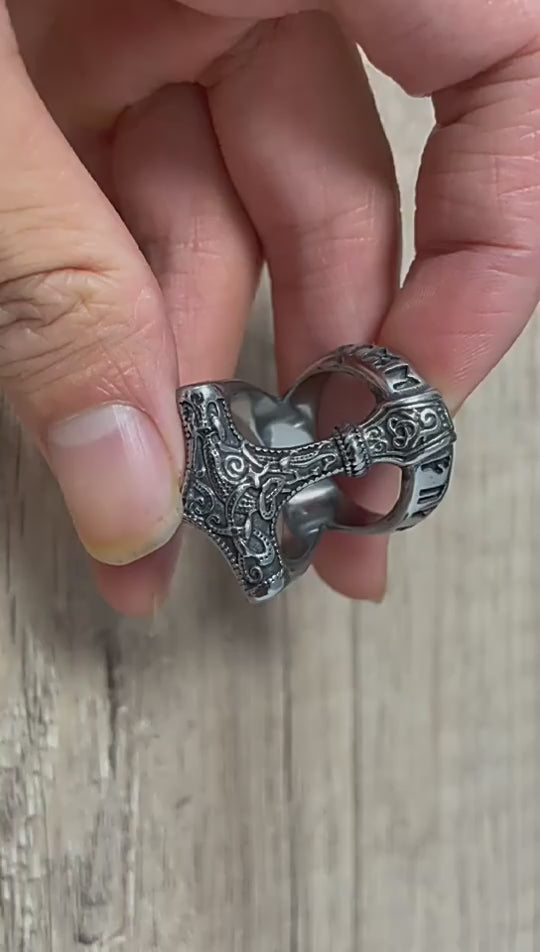 Men’s Vintage Viking Thor’s Hammer Ring – Nordic Odin Rune Stainless Steel Ring