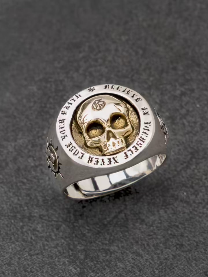 Punk 925 Sterling Silver Gold Skull Ring – Two Tone Adjustable Cocktail Ring