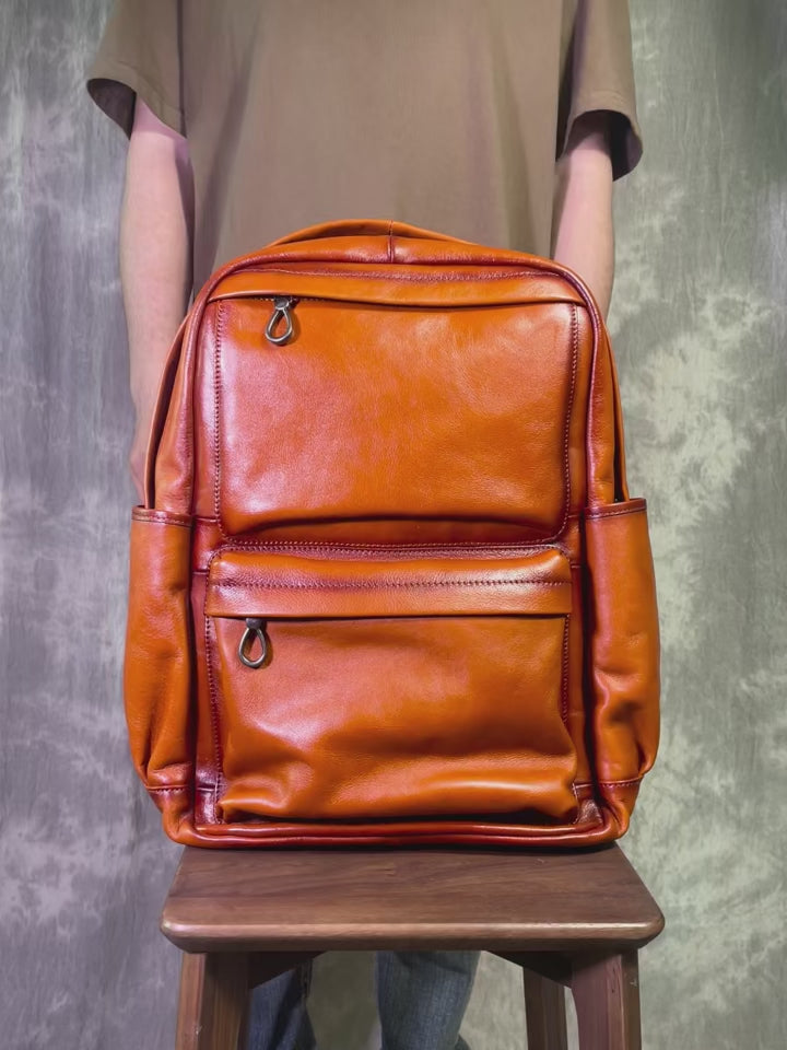 Premium Top Grain Cowhide Leather Backpack for Men Retro Casual Laptop Travel Bag