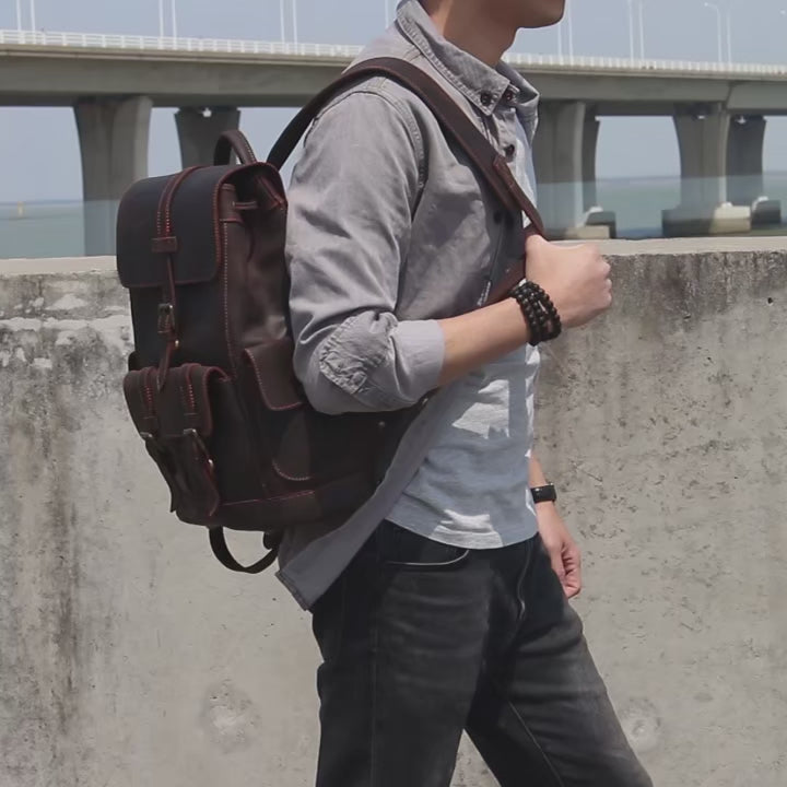 Men’s Vintage Genuine Leather Backpack – Top Grain Cowhide Crazy Horse Travel Bag