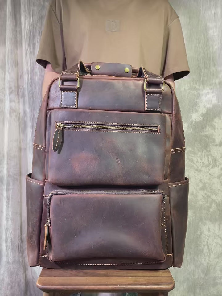 Handmade Retro Crazy Horse Leather Oversized Backpack for Men